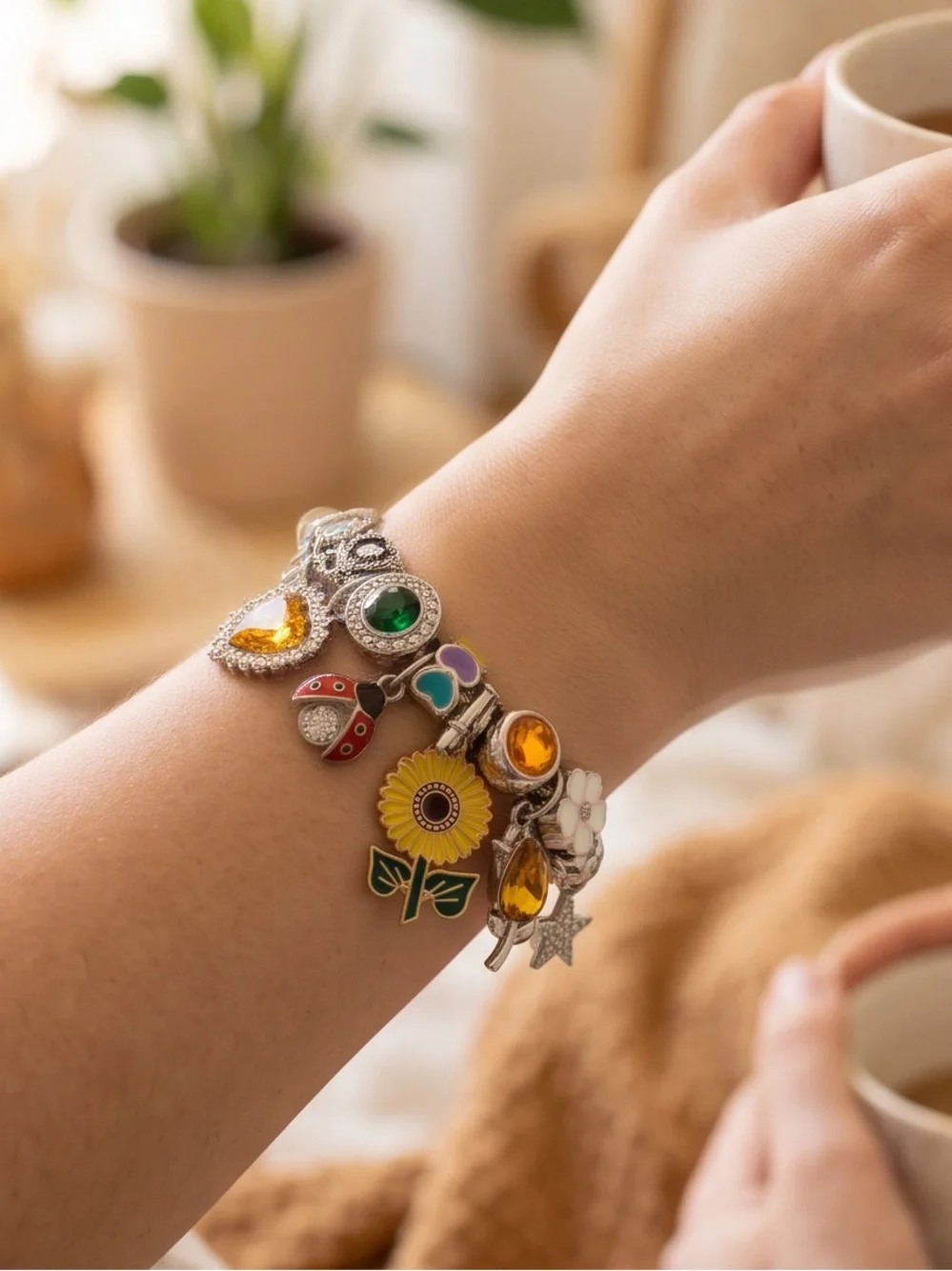 Silver Sunflower & Ladybug Garden Charm Bangle Bracelet (6